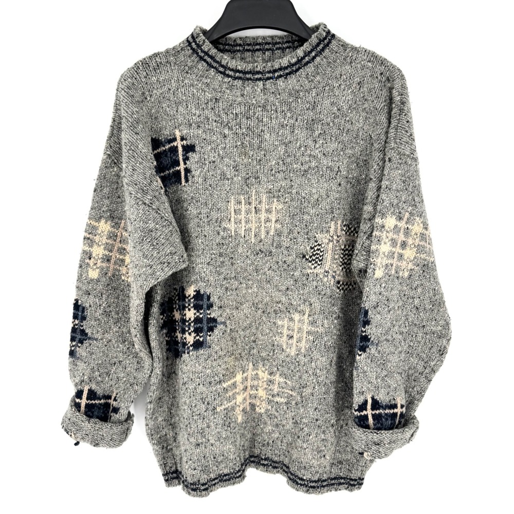 Vintage 80s/90s Eddie Bauer Chunky Knit Wool Oversized Sweater Grey Sz L Grunge
